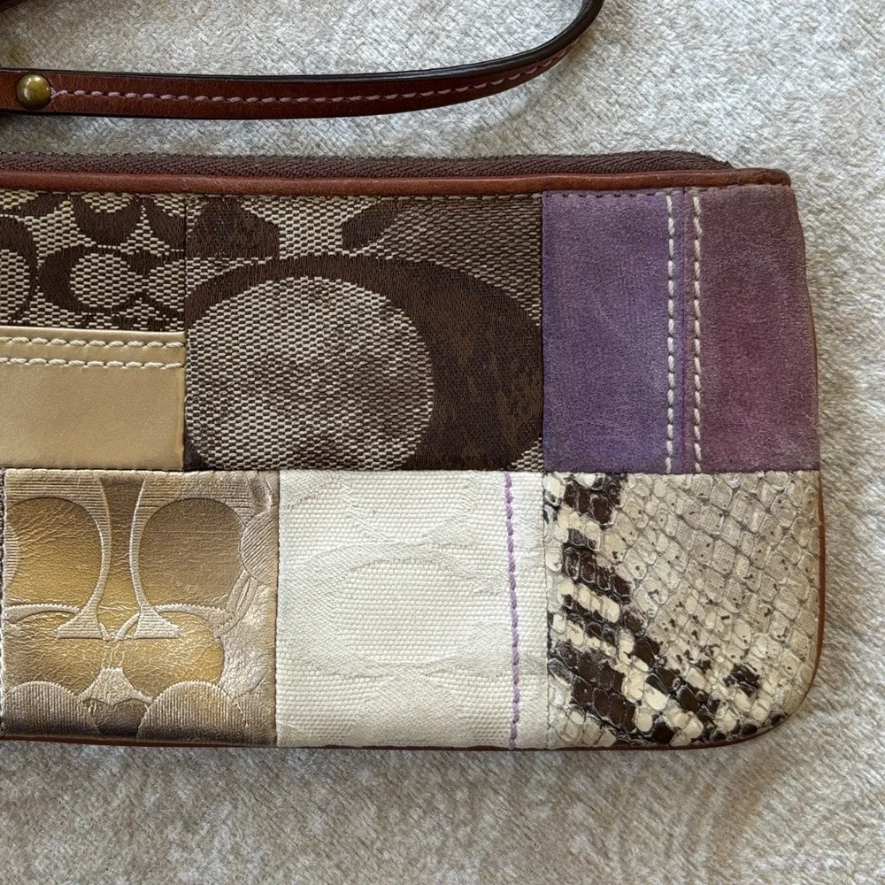 Coach Patchwork Zippered Wristlet Signature C Leather Suede Metallic Snakeskin